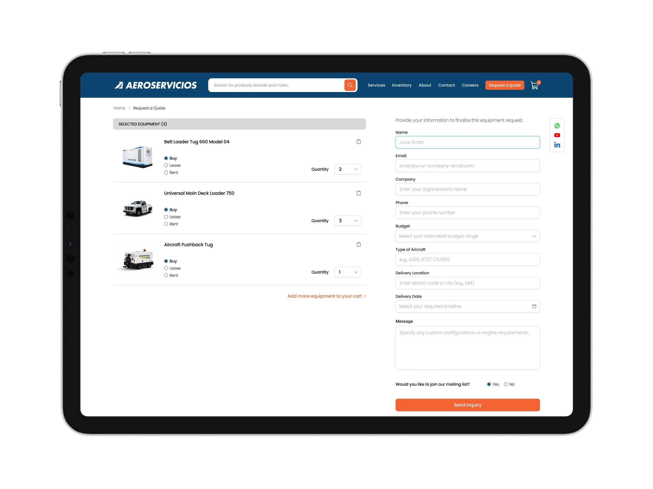 Request a quote page.