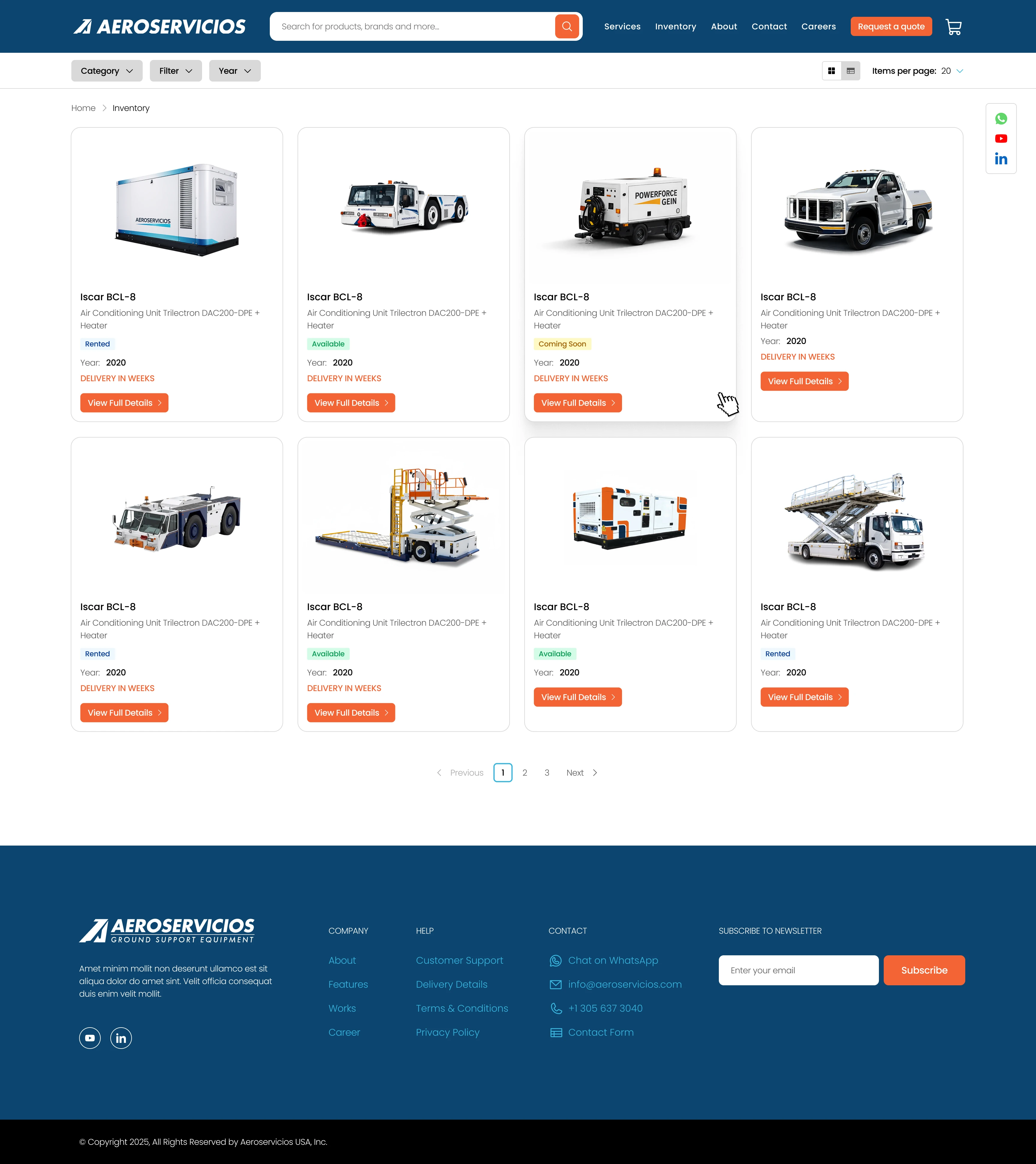 Aeroservicios inventory grid showing available GSE equipment and their details