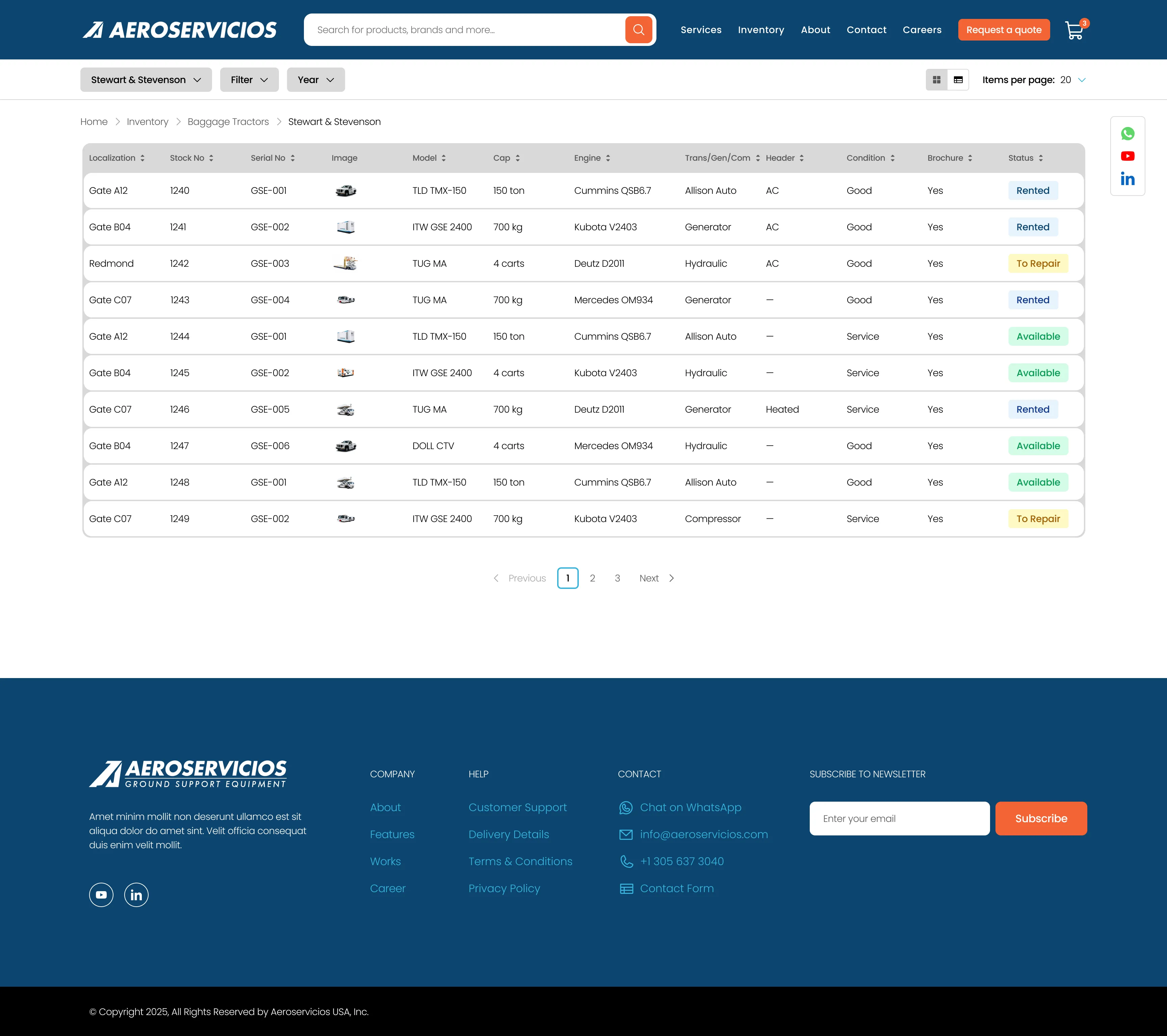 Aeroservicios inventory table screen