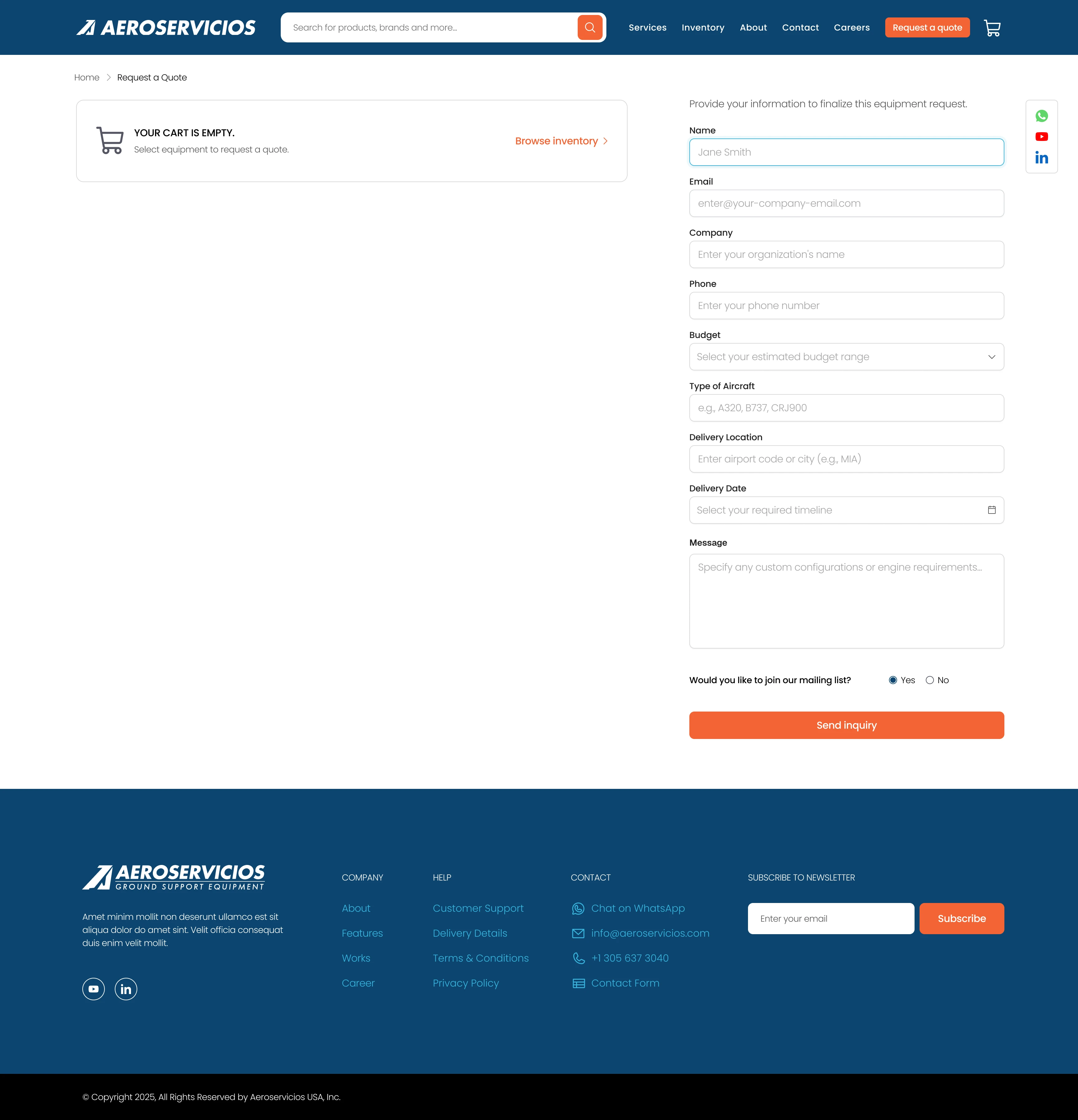 Aeroservicios request a quote empty list